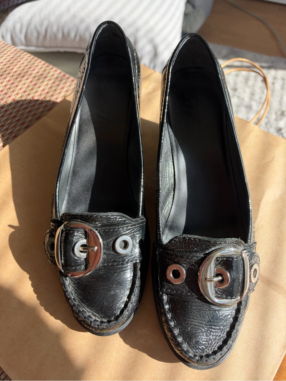 Geox Black Patent Leather Slip-On Loafers With Silver Metal Buckle